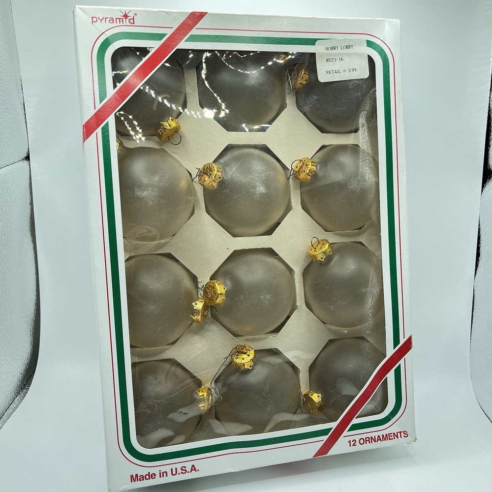 Vintage Box of 12 Pyramid‎ Clear Frosted Ornaments Glass Balls Christmas USA